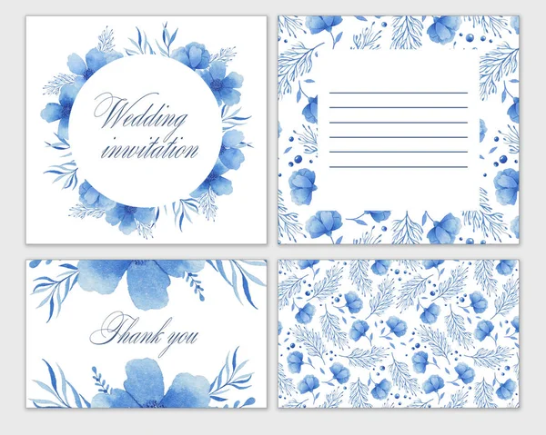 Uppsättning bröllop kort med blå blommor. Akvarell hand rita. Inbjudan, vykort. — Stockfoto
