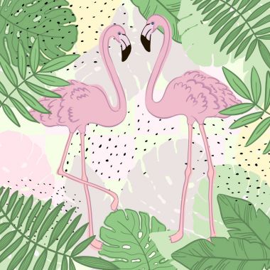 Tropikal yaprak ve Flamingo yaz afiş, grafik arka plan, egzotik çiçek davet, el ilanı veya kart.