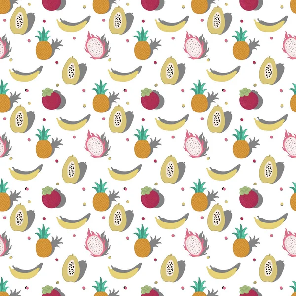 Vector seamless pattern of Fruits. Summer mood. Pineapple, papaya, mangostin, pitaya, banana. — Stock Vector