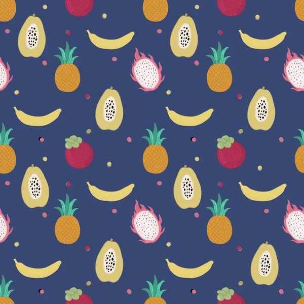 Vektör seamless modeli meyve. Yaz ruh. Ananas, papaya, mangostin, pitaya, muz. — Stok Vektör