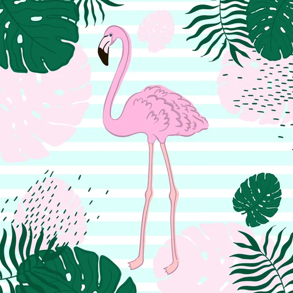 Tropické listy a Flamingo letní nápisu, grafické pozadí, exotické květinové pozvánky, leták nebo karta. — Stockový vektor