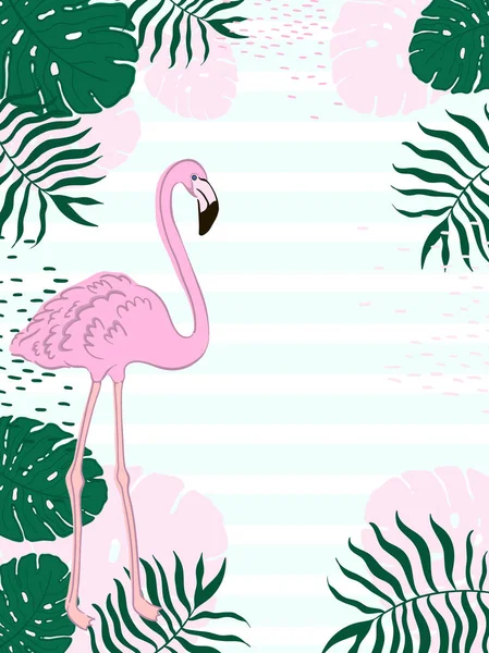 Tropikal kare dikdörtgen yapraklar ve Flamingo yaz afiş, grafik arka plan, egzotik çiçek davet, el ilanı veya kart.
