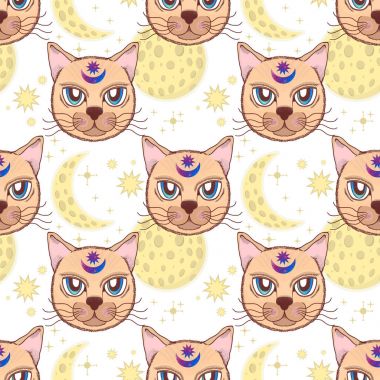 Bir kedi, ay, yıldız ile vektör desen. Magical ve peri. Kartpostallar, tekstil baskı, poster için uygun.