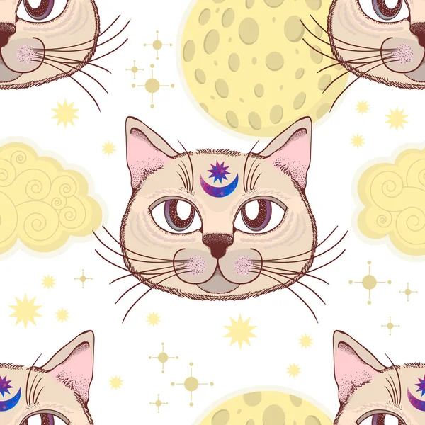 고양이, 달, 별과 벡터 패턴입니다. 마법 고 요정입니다. 엽서, 인쇄, 포스터, 섬유에 적합. — 스톡 벡터