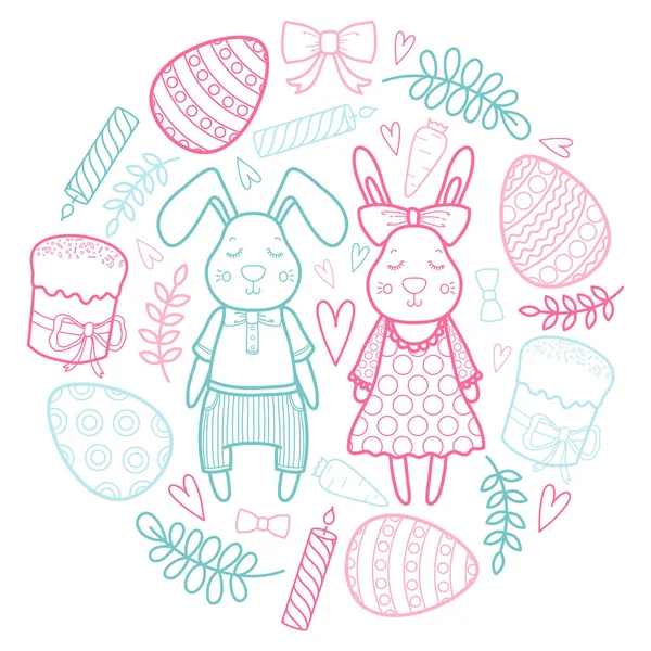 Декоративний векторний набір для святкового Великодня. Кролики дівчинка і хлопчик, яйця, гірлянда, торт, гілочки, бант та інші елементи для дизайну . — стоковий вектор