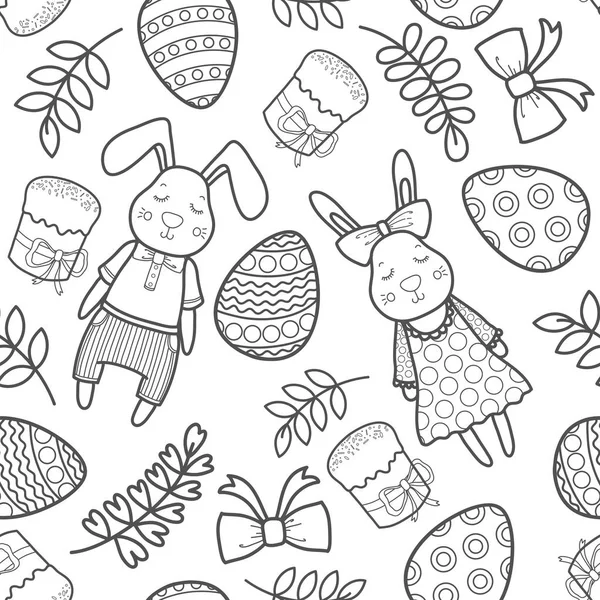 Декоративний векторний візерунок на свято Великодня. Кролики дівчинка і хлопчик, яйця, гірлянда, торт, гілочки, бант та інші елементи для дизайну . — стоковий вектор
