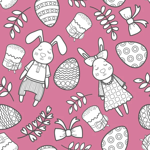 Decoratieve vector patroon voor een vakantie van Pasen. Konijnen meisje en jongen, eieren, garland, taart, twijgen, boog en andere elementen voor ontwerp. — Stockvector