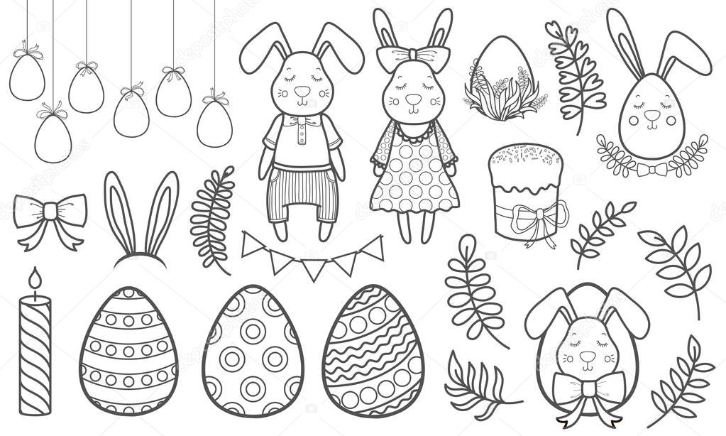 Decorative vector set for a holiday Easter. Rabbits girl and boy, eggs, garland, cake, twigs, bow and other elements for design.