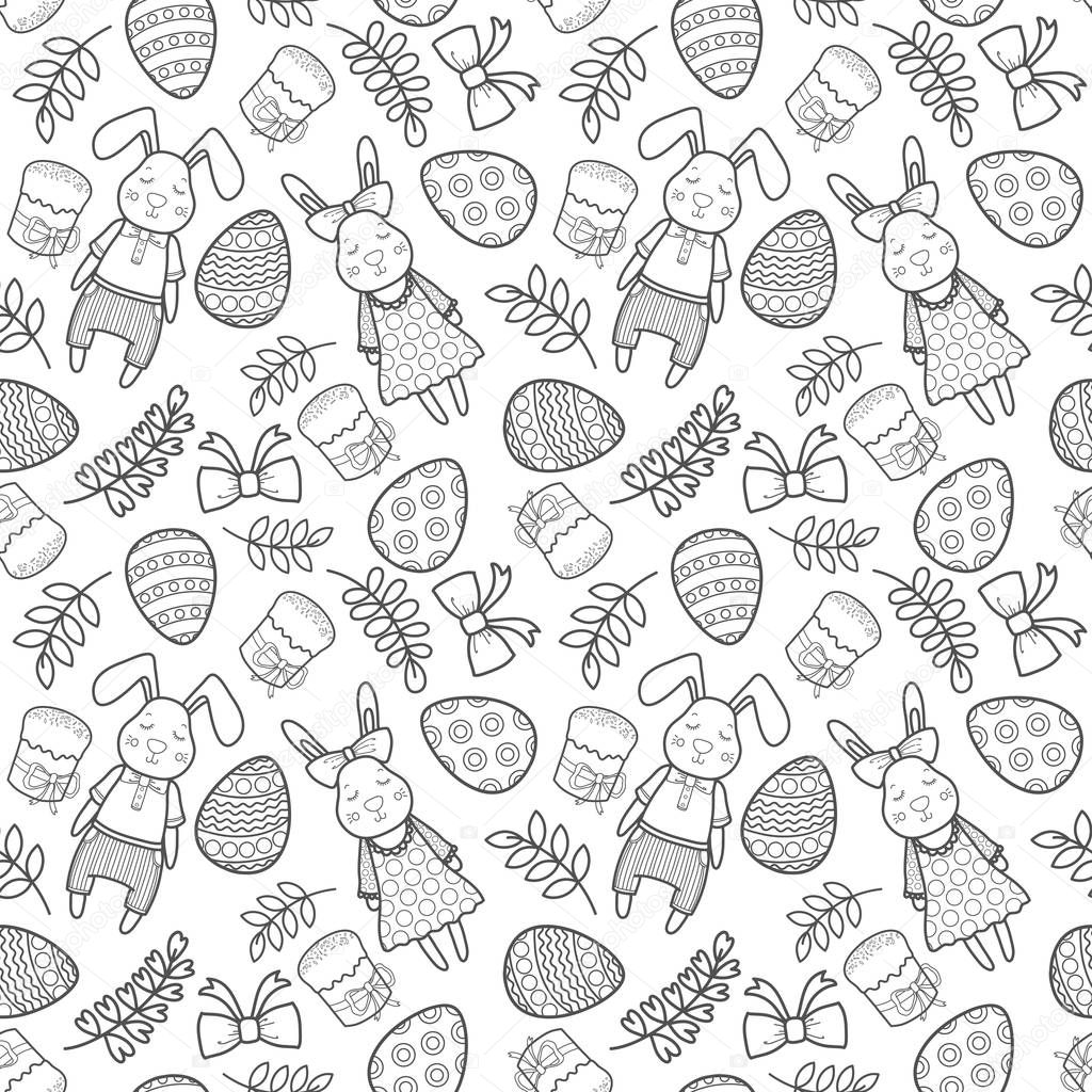 Decorative vector pattern for a holiday Easter. Rabbits girl and boy, eggs, garland, cake, twigs, bow and other elements for design.