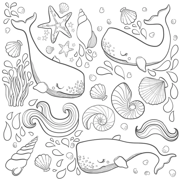 Elementi grafici balene che volano nel cielo. Creature marine e oceaniche. Disegno della pagina del libro da colorare per adulti e bambini — Vettoriale Stock