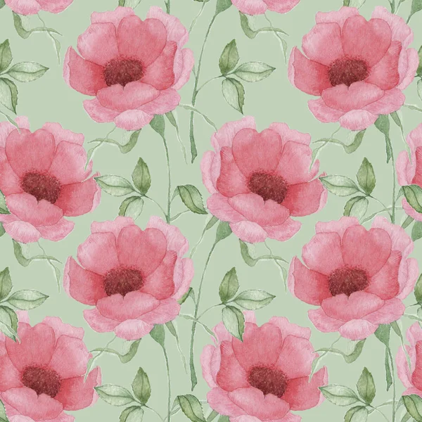 Seamless Pattern Pink Flowers Leaves White Background Watercolor Floral Pattern — Stock Photo, Image