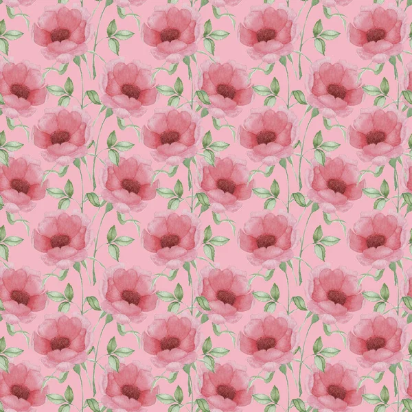 Seamless pattern with pink flowers and leaves on white background, watercolor floral pattern, flower in pink color, flower pattern for wallpaper, card or fabric. Hand draw illustration.