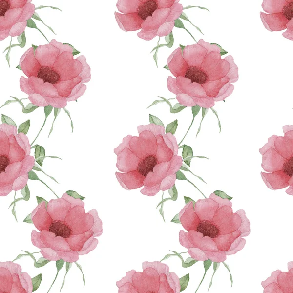 Naadloze Patroon Met Roze Bloemen Bladeren Een Witte Achtergrond Bloem — Stockfoto