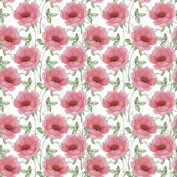 Seamless pattern with pink flowers and leaves on white background, watercolor floral pattern, flower in pink color, flower pattern for wallpaper, card or fabric. Hand draw illustration.