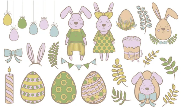 Набір Милих Персонажів Великодніх Мультфільмів Елементів Дизайну Пасхальний Кролик Яйця — стоковий вектор