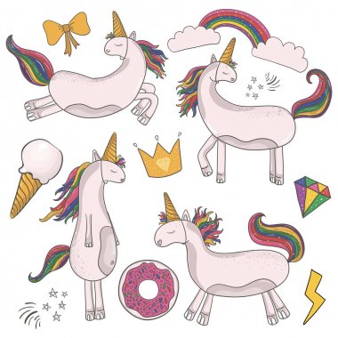 Vektör tek boynuzlu at sihirli tasarım öğesi kümesi. El çizmek illüstrasyon.