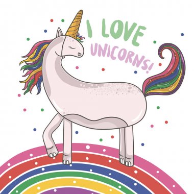 Şirin sihirli unicorn ve gökkuşağı. T-shirt veya etiket için yazdırın. Romantik El çizimi çizim çocuklar için. El çizmek