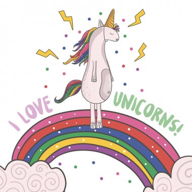 Şirin sihirli unicorn ve gökkuşağı. T-shirt veya etiket için yazdırın. Romantik El çizimi çizim çocuklar için. El çizmek