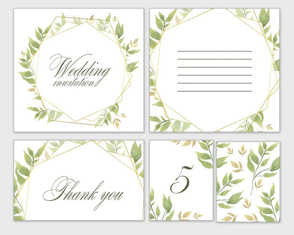 Wedding Invitation Frame Set Flowers Leaves Watercolor Isolated White Hand — Stock Photo, Image