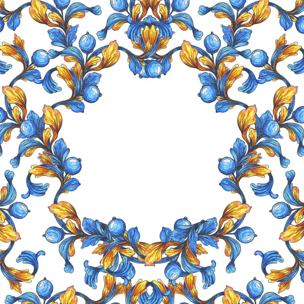 花卉框架边框 壁纸巴洛克式水彩画 蓝色和白色的装饰品 手绘例证 — 图库照片