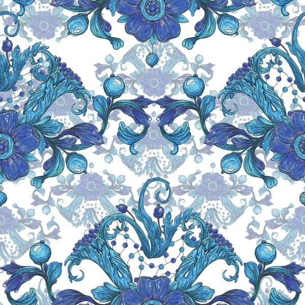 Blumenmuster Tapete Barock Blau Weißes Ornament Handzeichnung Illustration — Stockfoto