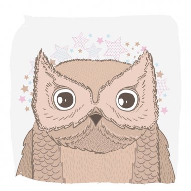 Sevimli vektör hayvan baykuş yüz. T-shirt üzerine baskı için tebrik kartları için çocuk odası için durum telefon. Resim illüstrasyon.