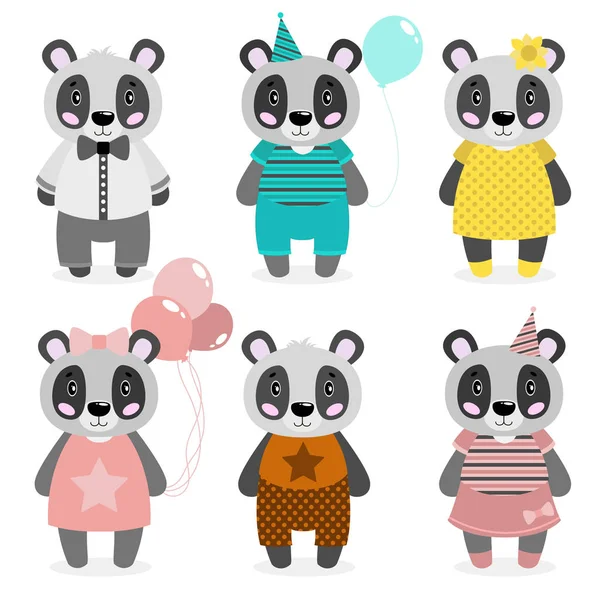 Vector Schattig Gelukkig Panda Meisjes Boys Dressed Verschillende Kleren Witte — Stockvector