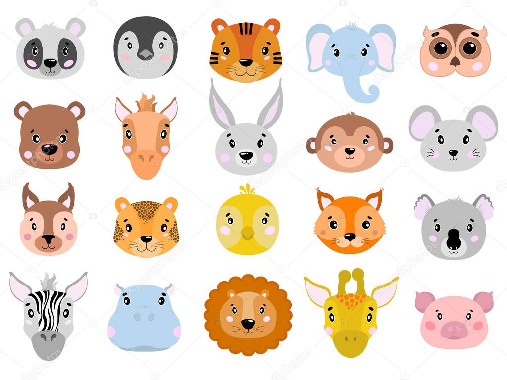 Big vector set of cute animals face icon flat in white background.