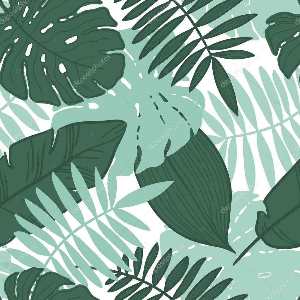 Vector seamless tropical leaves pattern. Hand draw illustration