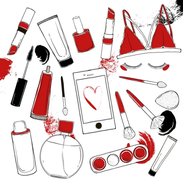 Cosmétiques Fond Mode Avec Des Objets Maquillage Artiste Illustration Dessin — Image vectorielle