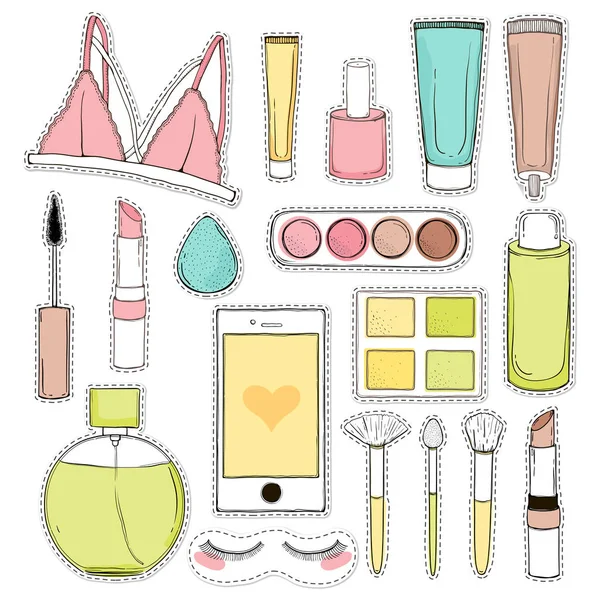 Cosmétiques Vectoriel Autocollant Fond Mode Avec Des Objets Maquillage Illustration — Image vectorielle