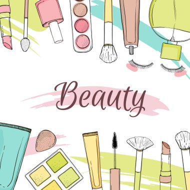 Kozmetik ile vektör çerçeve. El yapımı illüstrasyon. Beyaz arka plan üzerinde nesneleri.
