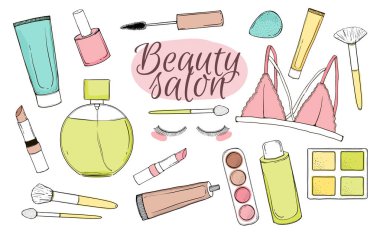 Vektör kozmetik ile ayarla. El yapımı illüstrasyon. Beyaz arka plan üzerinde izole nesneleri. Moda kroki.