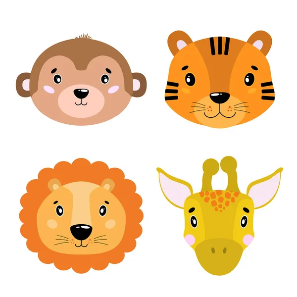 Jeu Dessin Animé Vector Animals Face Quatre Objets Singe Lion — Image vectorielle