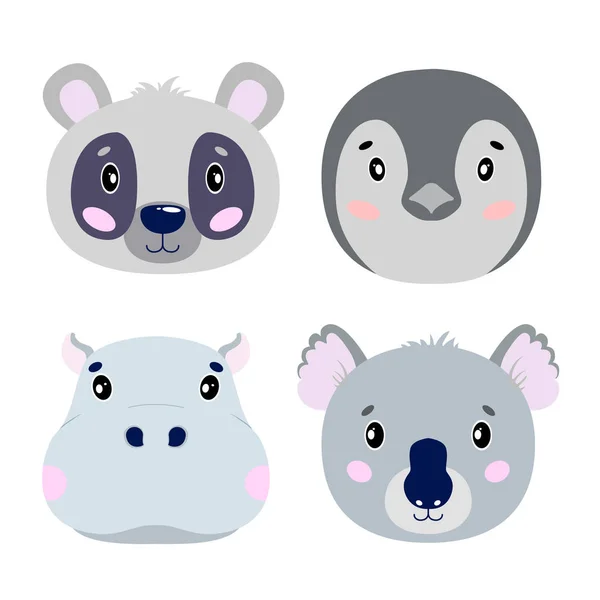 Dessin Animé Vecteur Animaux Visage Quatre Objets Panda Koala Hippopotame — Image vectorielle