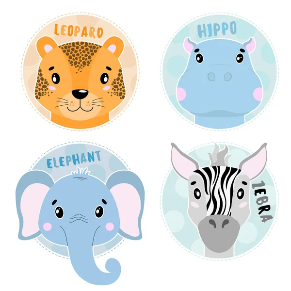 Desenhos Animados Conjunto Vector Animais Rosto Quatro Objetos Leopardo Hipopótamo — Vetor de Stock