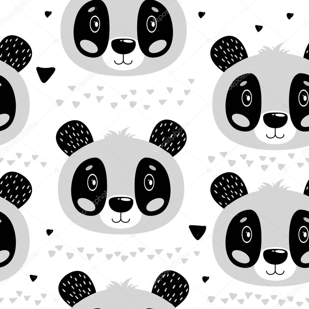 Cute vector seamless pattern panda face. One object on a white background. Cartoon illustration Scandinavian style