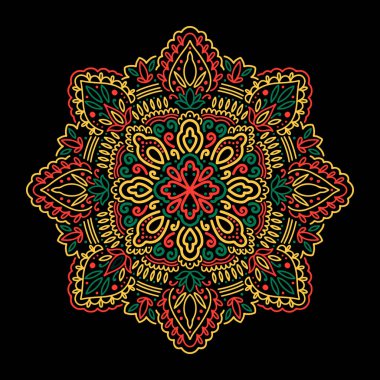 Siyah arkaplanda izole edilmiş grafiksel yuvarlak mandala. Boho