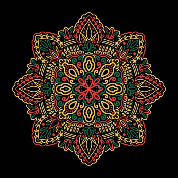 Grafische runde Mandala abstrakt isoliert in schwarzem Hintergrund. Boho — Stockvektor