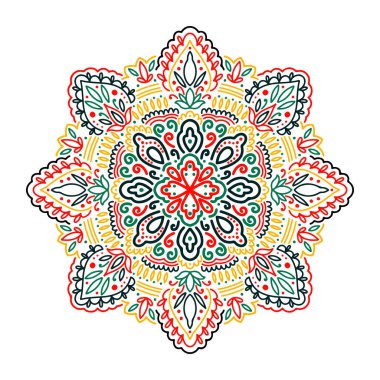 Beyaz arkaplanda izole edilmiş grafiksel yuvarlak mandala...