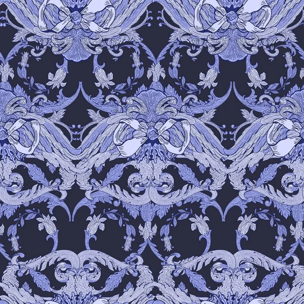 Motif sans couture baroque bleu color.Vintage floral victorienne corne — Image vectorielle