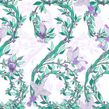 Kusursuz desenli doğal vintage. Çiçekli sinekkuşu klasik süsü. Ev dekorasyonu, kumaş, halı, ambalaj için tasarlanmış..