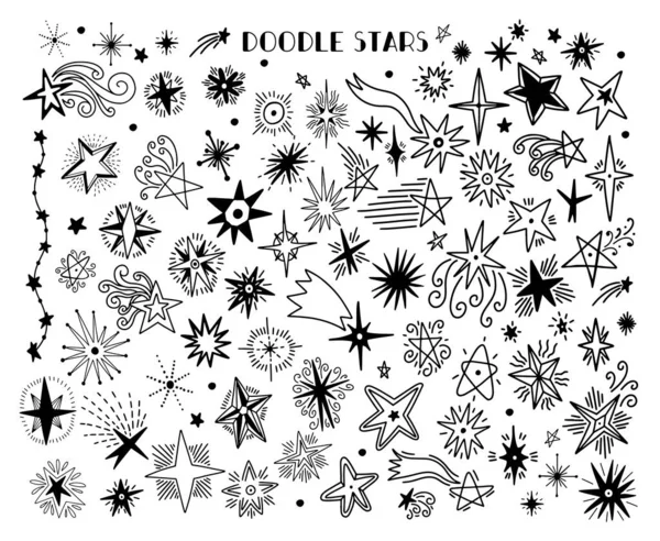 Vektor set sketsa tangan digambar dengan bintang. Doodle gaya dalam putih adalah - Stok Vektor