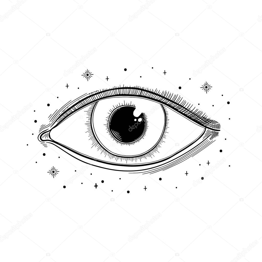 Evil Seeing eye symbol. Occult mystic emblem, graphic design tattoo. Esoteric sign alchemy, decorative style, providence sight.