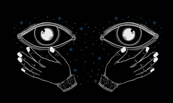 Malvado símbolo de los ojos. emblema místico oculto, diseño gráfico tat — Vector de stock