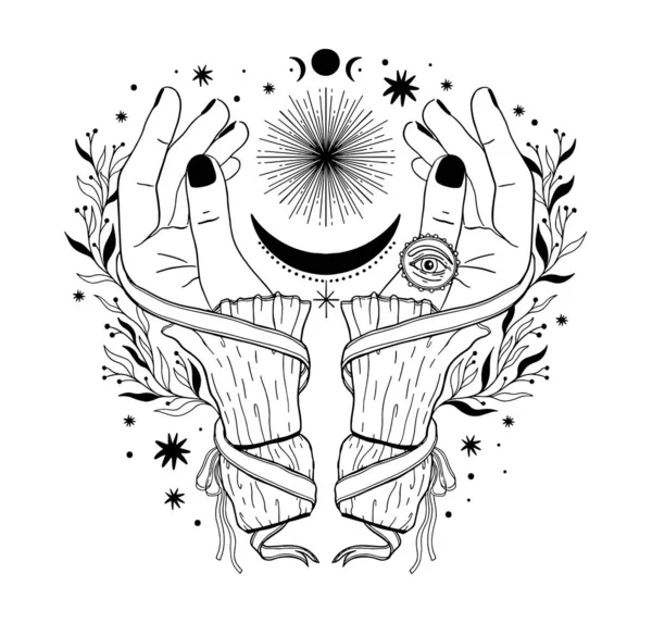 Ręka magiczna inspiracja chiromancy.Occult mistyczny symbol, projekt graficzny tatuaż. Ezoteryczny znak alchemia, styl dekoracyjny. — Wektor stockowy