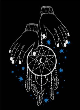 Mystic Dream Catcher. El çizgisi tarzı. Boho etnik tılsımı..