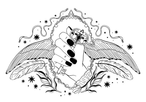 Ręka trzymając klucz ze skrzydłami. Okultystyczny mistyczny emblemat, graficzny desi — Wektor stockowy