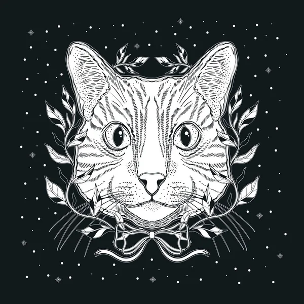 Mistik sihirli kedi. Portre başı çizilmiş klasik el. — Stok Vektör