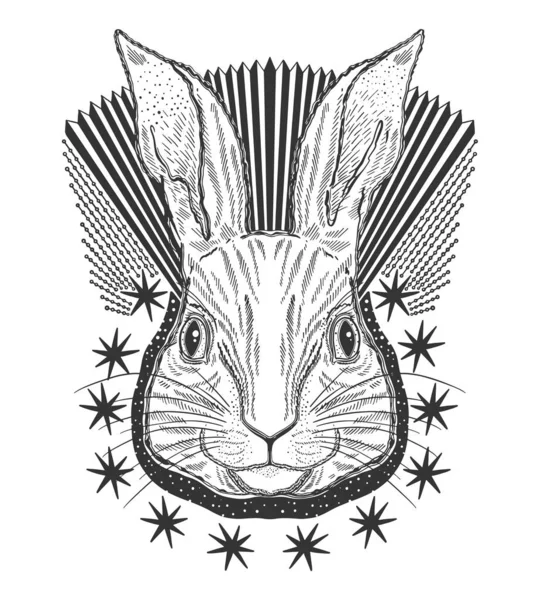 Linea di disegno magico animale coniglio. Linea nera in sfondo bianco. Tatuaggio in stile vintage . — Vettoriale Stock